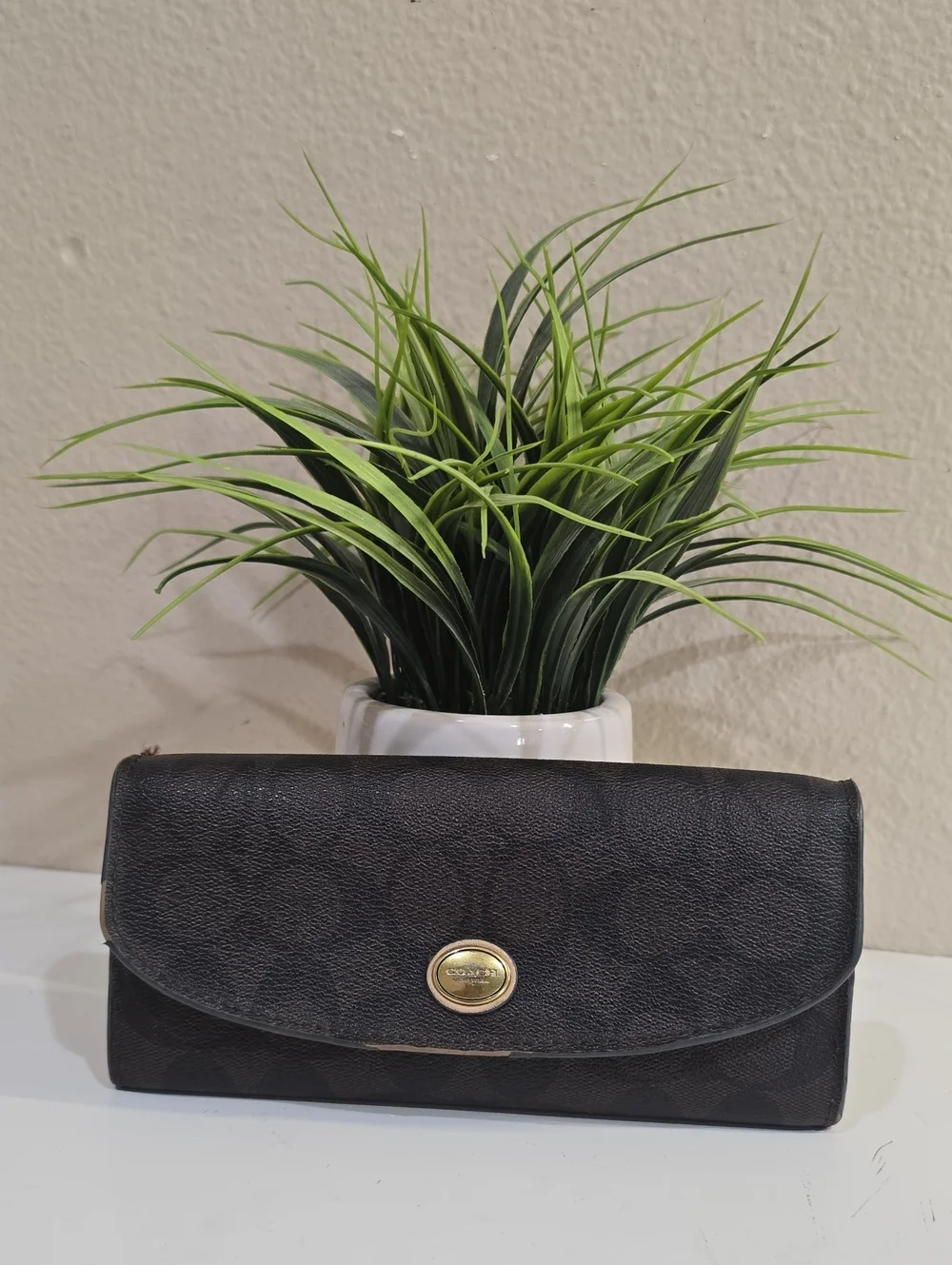 Coach Black Signature Leather Flap Wallet with Gold-Tone Turnlock